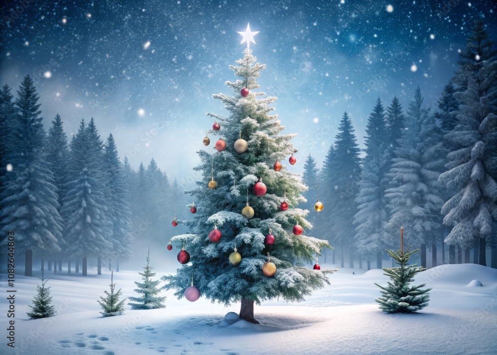 Serene Winter Wonderland: A Minimalist Christmas Tree Amidst a Snowy Forest for a Festive Holiday Atmosphere Serene Winter Wonderland: A Minimalist Christmas Tree Amidst a Snowy Forest for a Festive Holiday Atmosphere