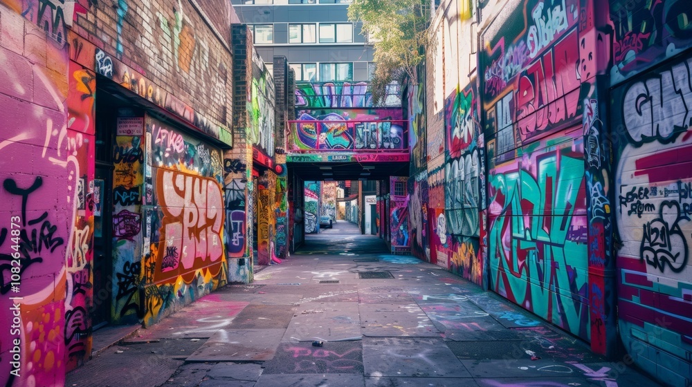 Fototapeta premium Vibrant alleyway filled with colorful graffiti and street art, showcasing urban creativity in a lively city setting.