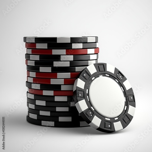 A stack of poker chips in black, red, and white colors, arranged neatly, highlights a casino theme or gambling context, isolate on white background. photo