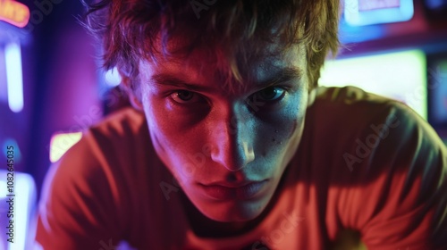 Intense focus of a young gamer neon arcade portrait vibrant environment close-up passion for gaming