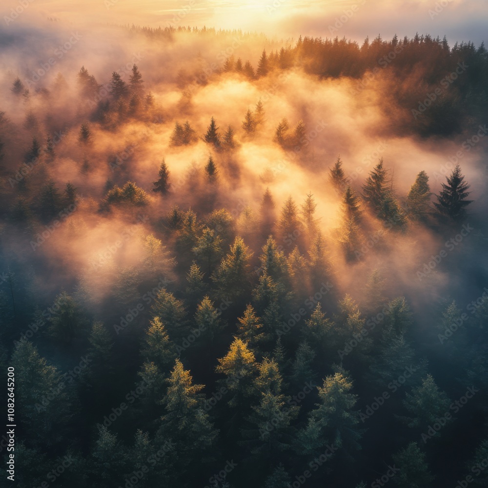 Sunrise over misty forest nature landscape aerial view tranquil environment serenity concept Sunrise over misty forest nature landscape aerial view tranquil environment serenity concept