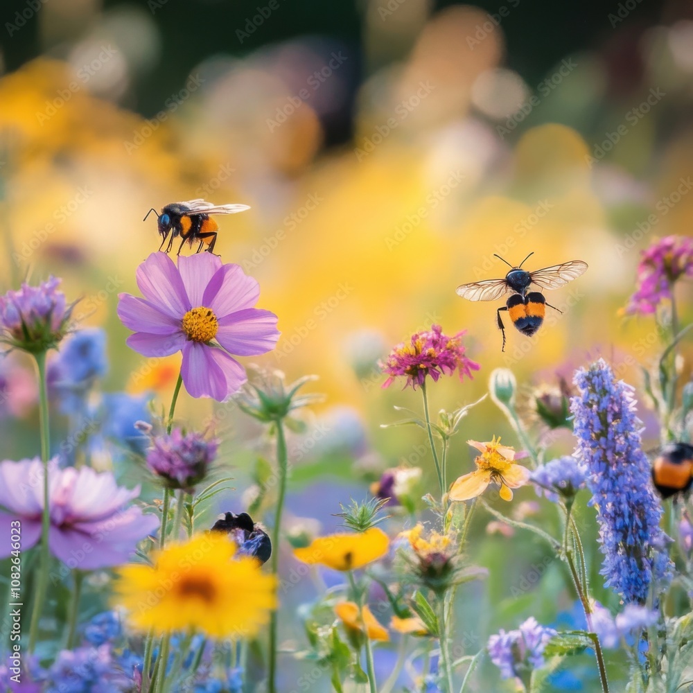 Bees pollinating wildflowers meadow nature scene bright sunshine close-up biodiversity awareness Bees pollinating wildflowers meadow nature scene bright sunshine close-up biodiversity awareness