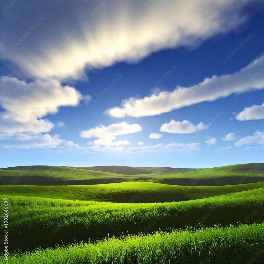 Obraz premium green field, blue sky, clouds
