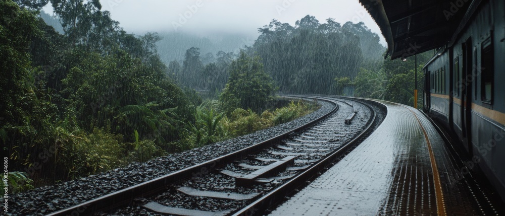 Fototapeta premium A train on rain-soaked tracks curves into a misty jungle setting, shrouded in mystery during a calming downpour.