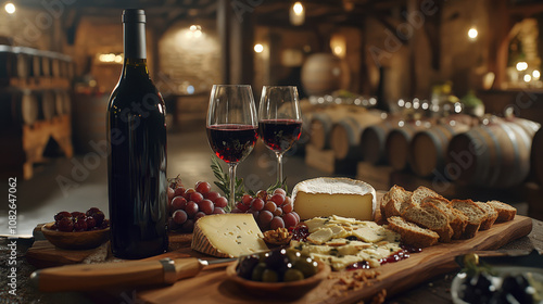Tabla de quesos con pan, uvas, aceitunas y vino tinto en bodega iluminada con barricas al fondo.