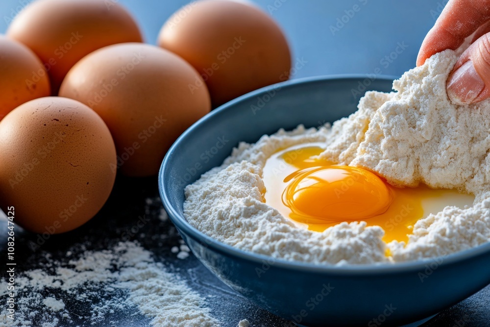Baker admixing flour, eggs, and milk in a bowl, preparing for baking with visible texture details Baker admixing flour, eggs, and milk in a bowl, preparing for baking with visible texture details