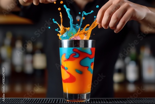 Bartender admixing colorful liquids in a cocktail shaker, with vibrant splashes and ice cubes