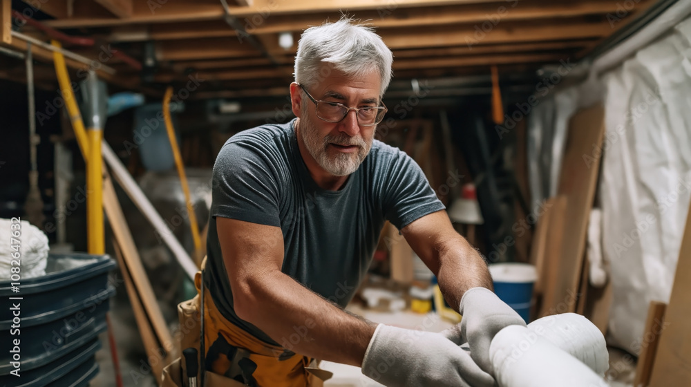 Middle-aged man with gray beard working in a workshop, wearing gloves and tool belt, surrounded by tools and materials in a basement setting. Middle-aged man with gray beard working in a workshop, wearing gloves and tool belt, surrounded by tools and materials in a basement setting.