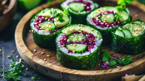 Creative vegan sushi made with avocado, cucumber, and beetroot rice, beautifully arranged on a wooden plate with sesame seeds, garnished with fresh herbs and flowers, capturing a vibrant