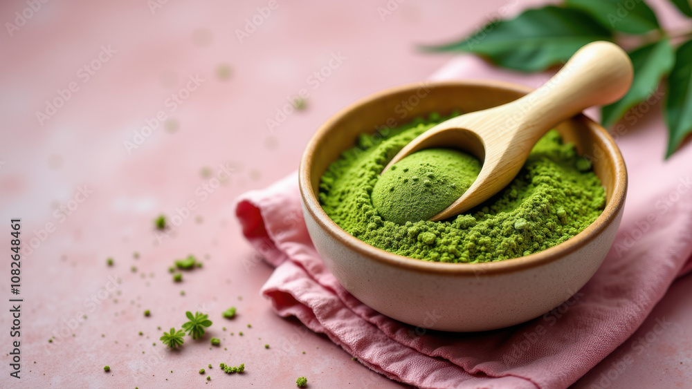 Pink matcha powder being stirred with a wooden spoon on a table. Pink matcha powder being stirred with a wooden spoon on a table.