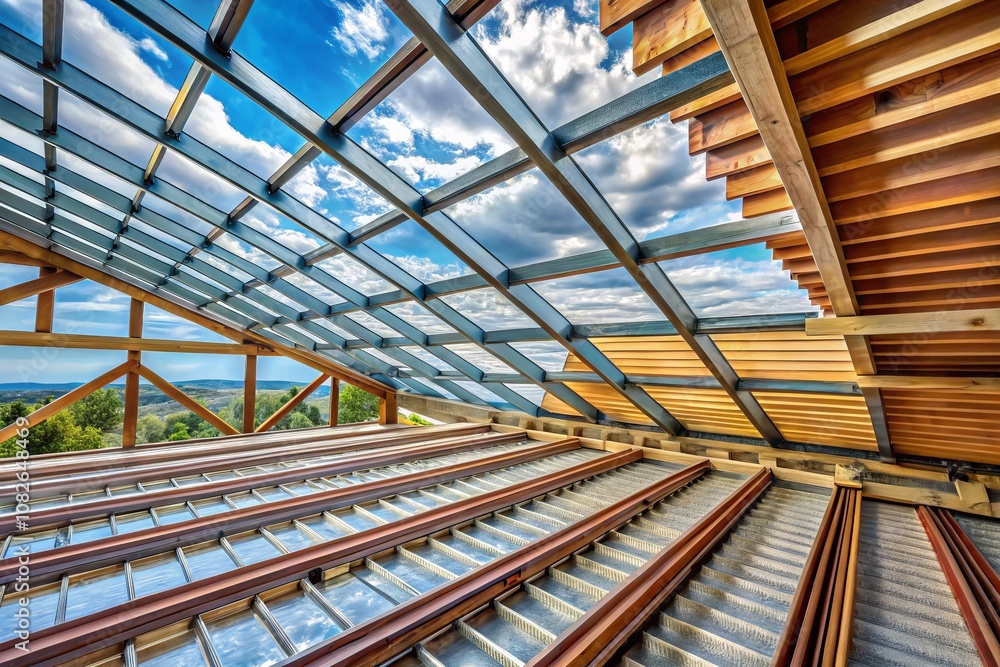 Steel Roof Structure Under Construction with Thermal Insulation Sheet for Enhanced Heat Resistance of Roof Tiles - Conceptual Photography of Modern Home Design Steel Roof Structure Under Construction with Thermal Insulation Sheet for Enhanced Heat Resistance of Roof Tiles - Conceptual Photography of Modern Home Design