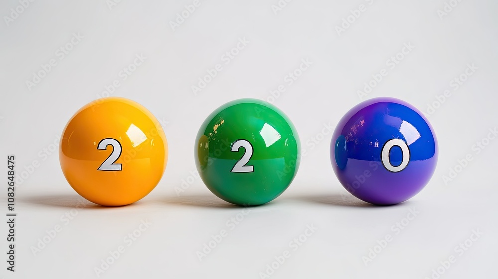 Colorful billiard balls displaying the numbers two, two, and zero in bright colors on a minimalistic surface perfect for game enthusiasts and teaching materials. Colorful billiard balls displaying the numbers two, two, and zero in bright colors on a minimalistic surface perfect for game enthusiasts and teaching materials.