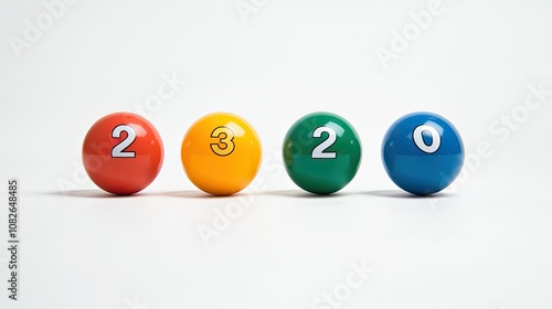 Colorful Numeric Balls Displaying Numbers Two, Three, Two, and Zero on a Minimalist Background Ideal for Educational and Creative Projects