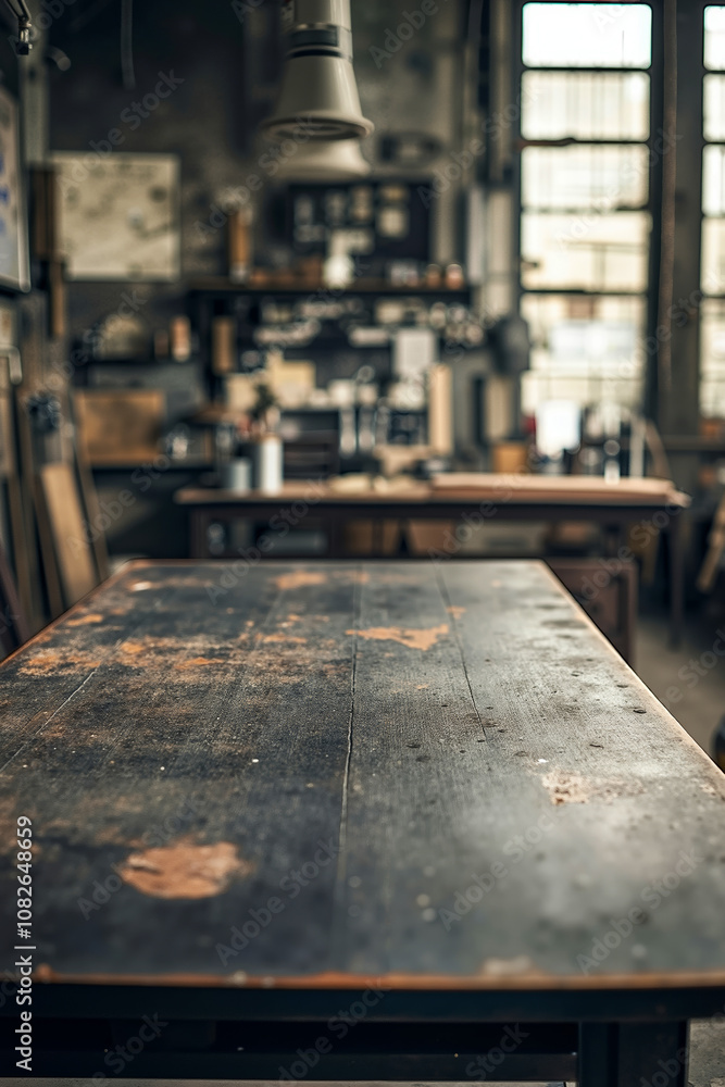 A wooden table sitting in a room filled with lots of tables A wooden table sitting in a room filled with lots of tables