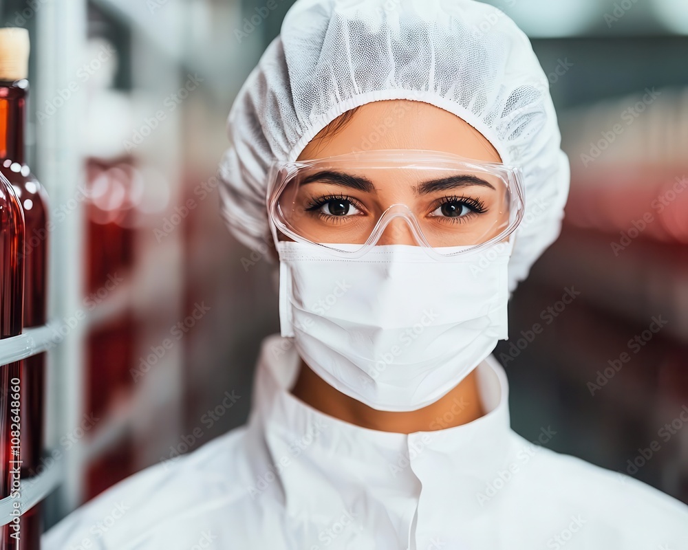 Worker in white gear monitoring wine bottling, quality assurance, organized layout, modern industrial winery Worker in white gear monitoring wine bottling, quality assurance, organized layout, modern industrial winery
