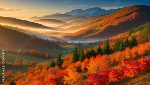 Mountains surrounded by dense forests in autumn.