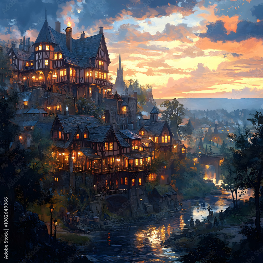 Illustration - Cozy Medieval Town at Sunset Illustration - Cozy Medieval Town at Sunset