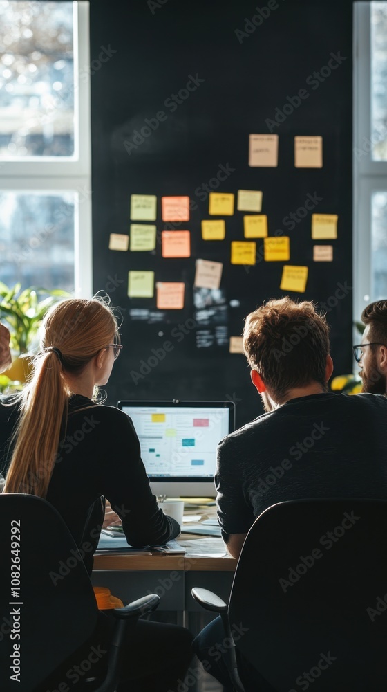 Fototapeta premium Agile project flow, team efficiency, sprint cycles, task prioritization, digital boards, efficient communication between team members in a bright office