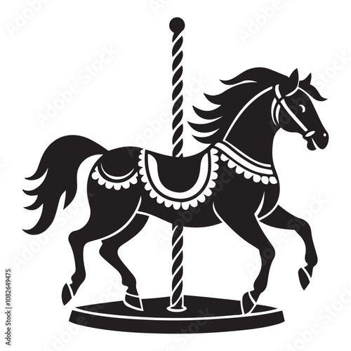  Carousel horse silhouette vector art black color design and solid white background 