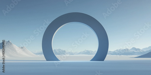Futuristic Portal in Surreal Snowy Landscape with Mountains