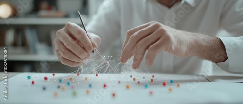 Hands intricately connect strings to colored pins, simulating a network of connections on a white surface, embodying creativity and precision. photo