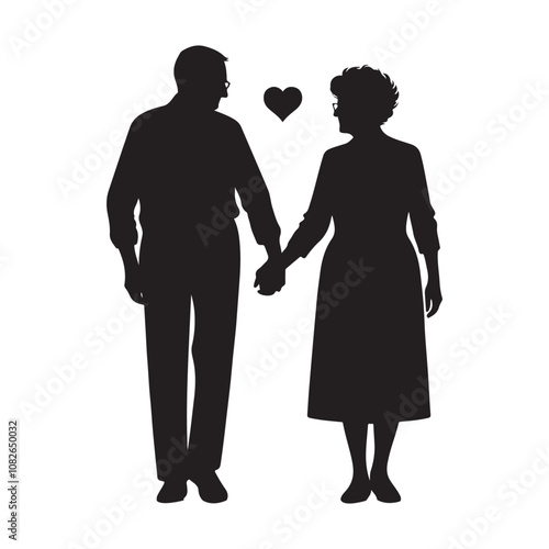 Elderly couple holding hands silhouette vector art black color design and solid white background 