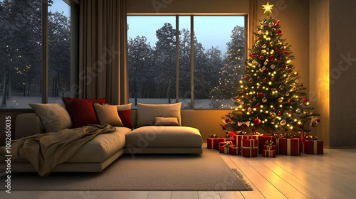 decorated christmas tree with red cushions in the nordic modern living room, interior design front view