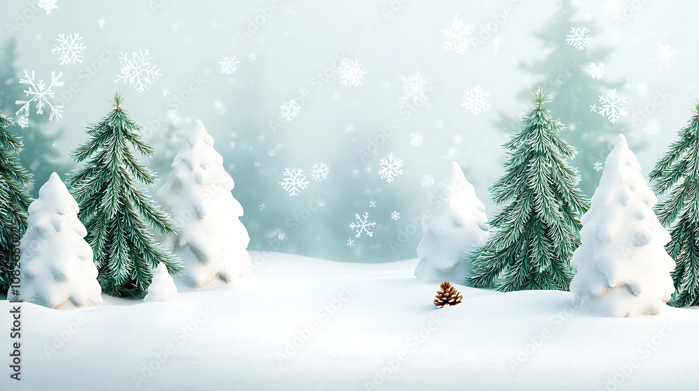 Obraz premium serene snowy forest scene featuring pine trees and falling snowflakes, creating peaceful winter atmosphere. Perfect for seasonal themes and holiday designs