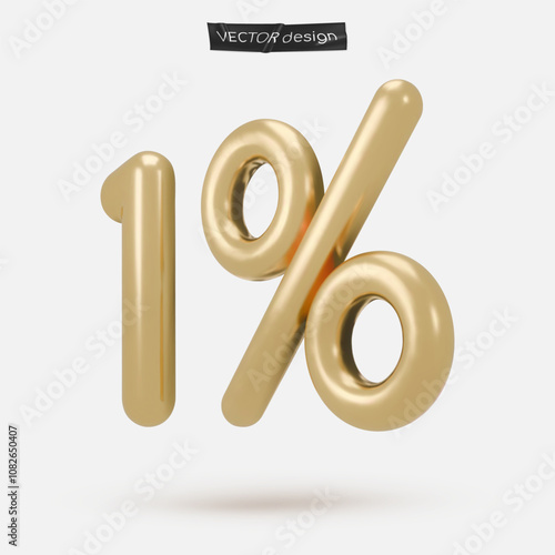 Golden icon, 3d render one percent sign, 1 %. Realistic design element. Vector illustration isolated on white for postcard, icons, poster, banner, web, design, arts. Black Friday Sale