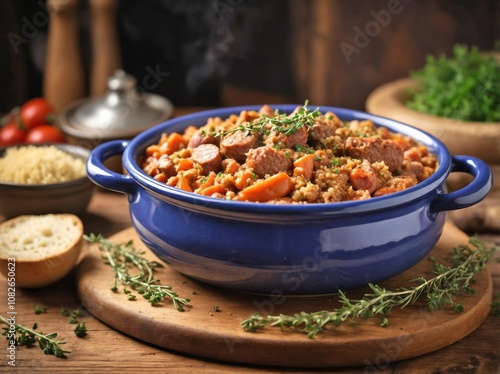 A single-serve portion of cassoulet in a small, rustic, ovenproof dish photo