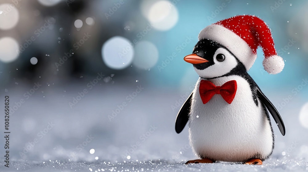 A small penguin wearing a red hat and bow tie A small penguin wearing a red hat and bow tie
