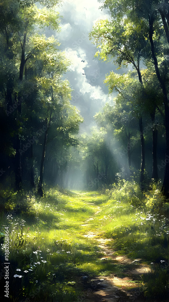 Fototapeta premium Illustration - Sunlit Forest Path with Wildflowers