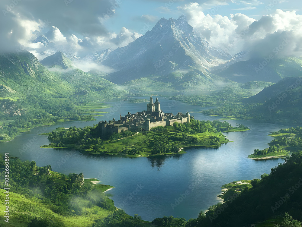 Fototapeta premium Illustration of Castle Island Fantasy Landscape