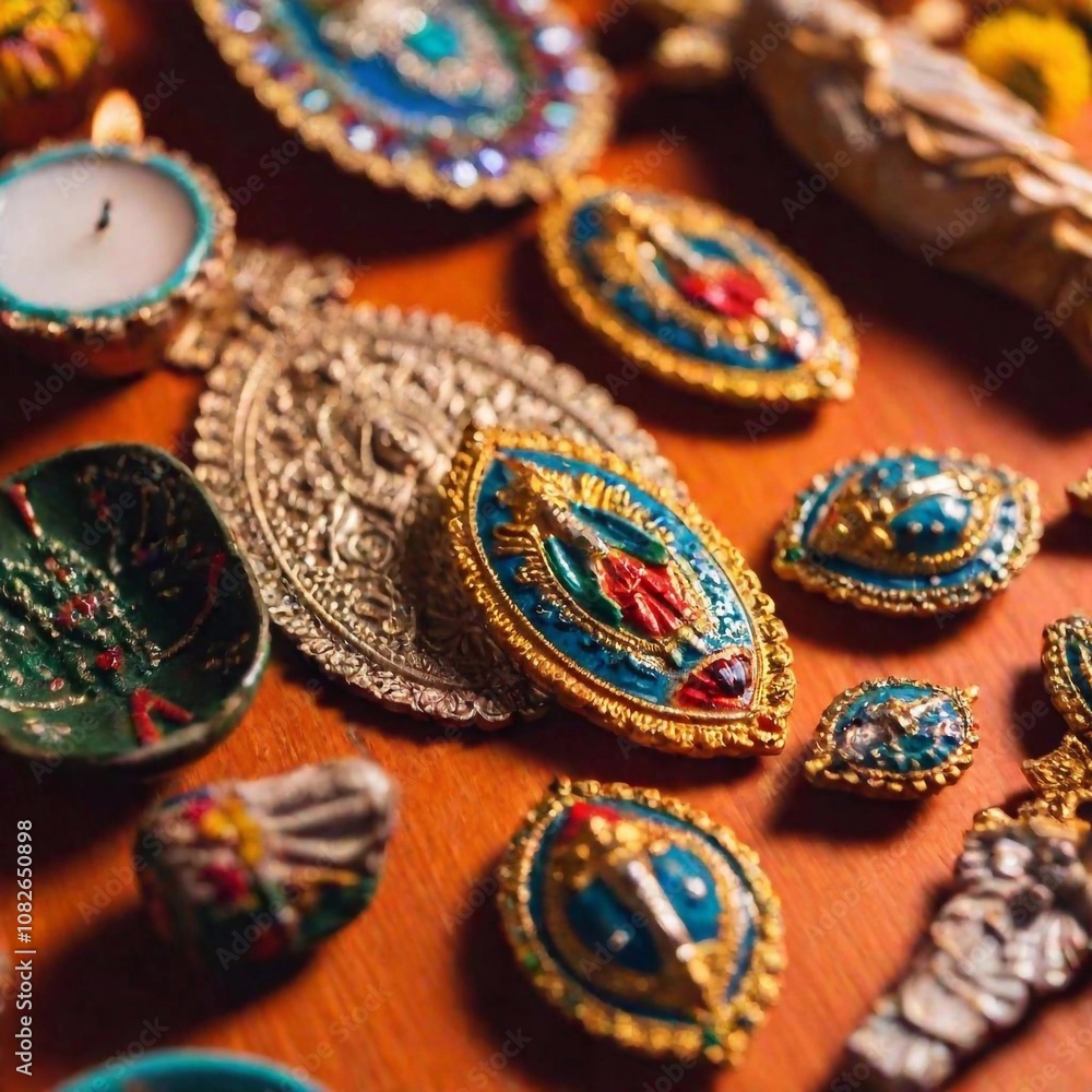 A close-up flatlay photo of a Virgin of Guadalupe Day altar, showcasing religious artifacts such as candles, rosaries, and small statues, with intricate details and vibrant colors A close-up flatlay photo of a Virgin of Guadalupe Day altar, showcasing religious artifacts such as candles, rosaries, and small statues, with intricate details and vibrant colors