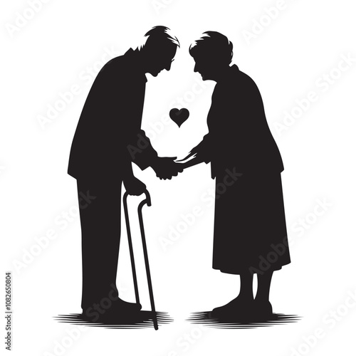 Elderly couple holding hands silhouette vector art black color design and solid white background 