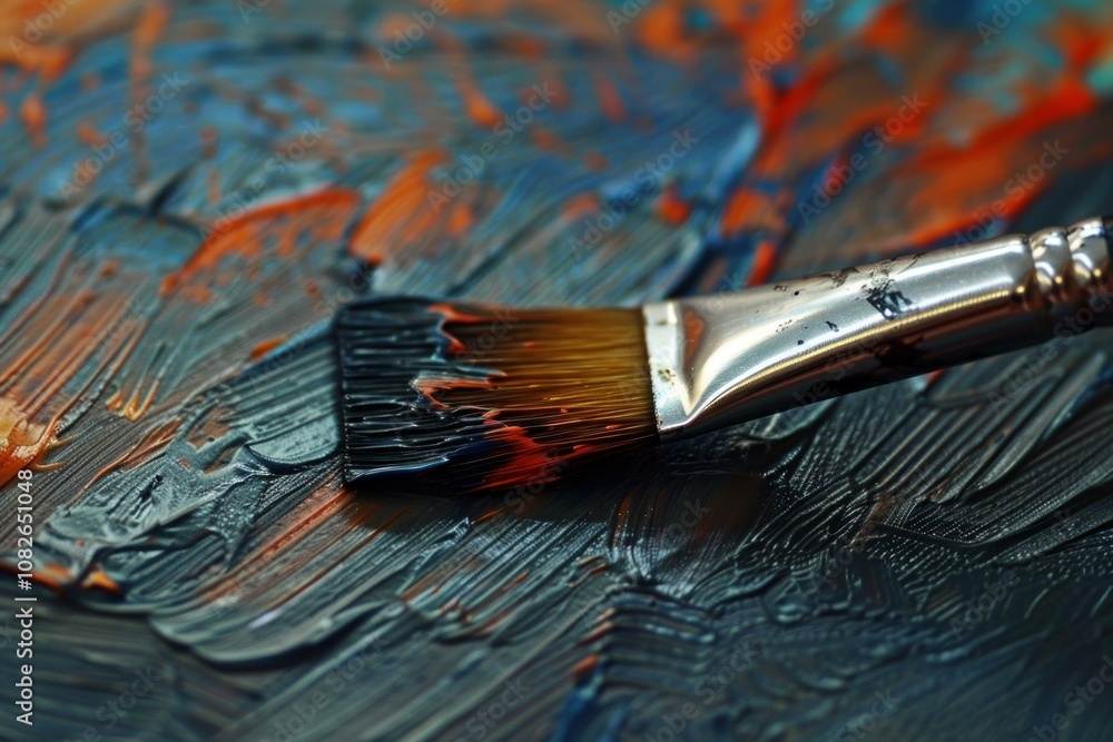 Fototapeta premium Brush applying thick blue paint on canvas, creating an abstract painting with orange and blue tones