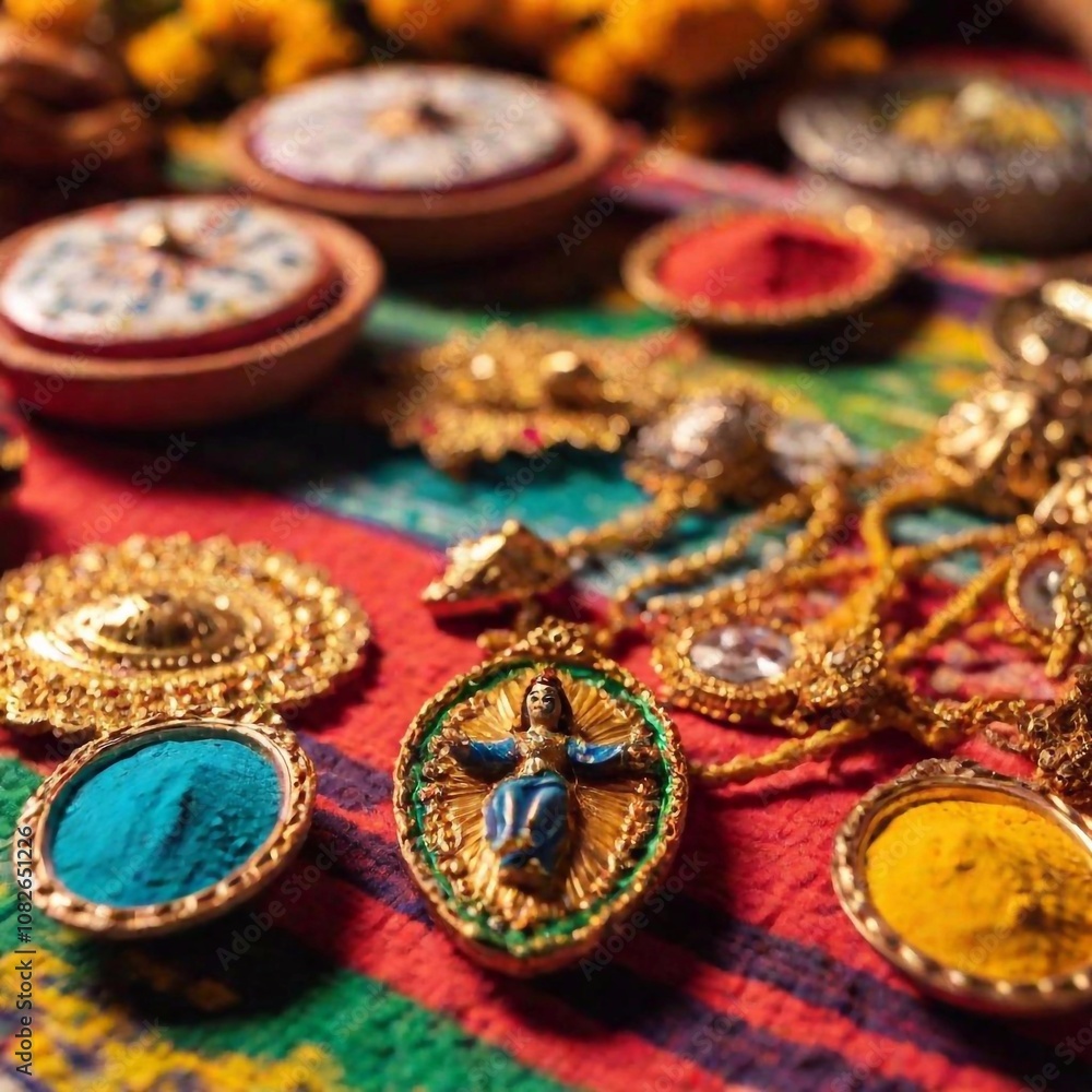 A close-up flatlay photo of a Virgin of Guadalupe Day altar, showcasing religious artifacts such as candles, rosaries, and small statues, with intricate details and vibrant colors A close-up flatlay photo of a Virgin of Guadalupe Day altar, showcasing religious artifacts such as candles, rosaries, and small statues, with intricate details and vibrant colors