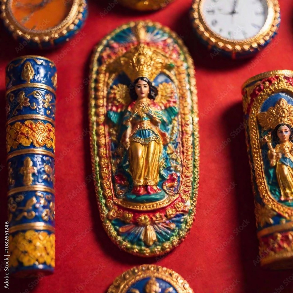 A close-up flatlay photo of a Virgin of Guadalupe Day altar, showcasing religious artifacts such as candles, rosaries, and small statues, with intricate details and vibrant colors A close-up flatlay photo of a Virgin of Guadalupe Day altar, showcasing religious artifacts such as candles, rosaries, and small statues, with intricate details and vibrant colors