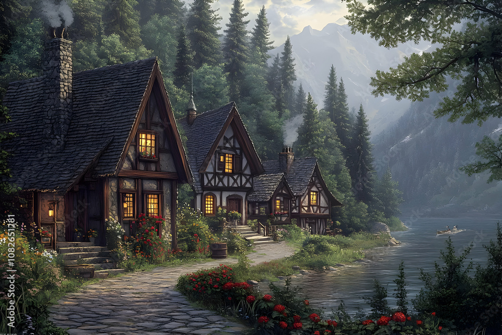 Obraz premium Illustration - Cozy Lakeside Village, Mountain Forest Cottages