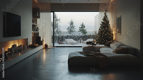 Nordic, cozy living room interior with a Christmas tree, beige tones