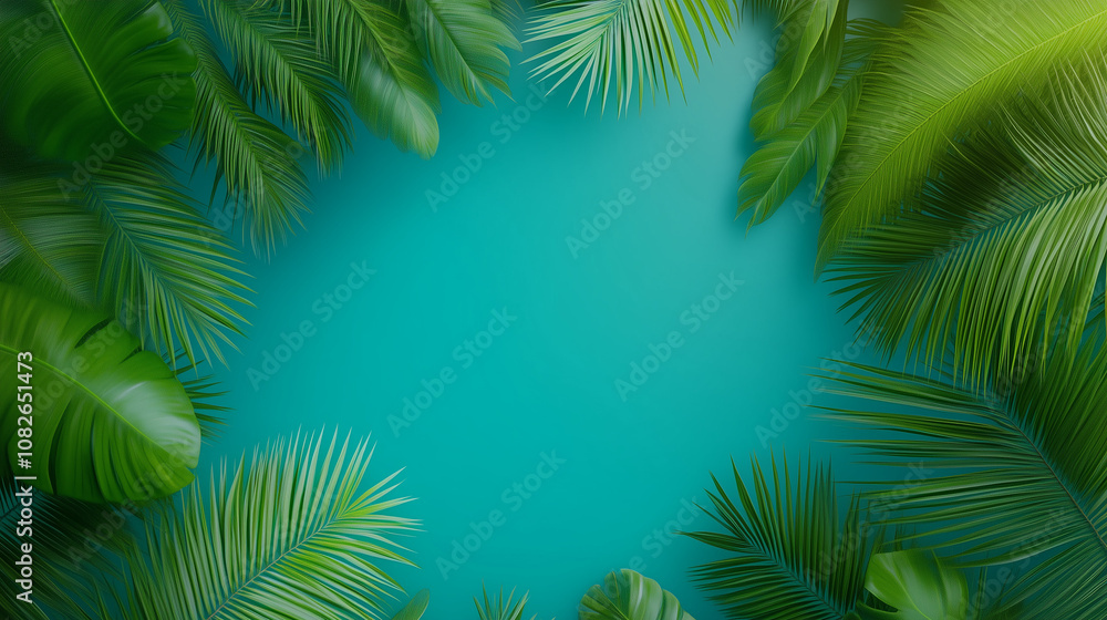 Refreshing Tropical Palm Trees on Turquoise Background for Summer Vibes, copy space. Refreshing Tropical Palm Trees on Turquoise Background for Summer Vibes, copy space.