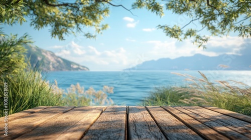 Rustic Wooden Table Overlooking a Serene Ocean and Beach, Perfect for Summer-Themed Product Presentations, Travel Destinations, and Relaxing Outdoor Dining Concepts