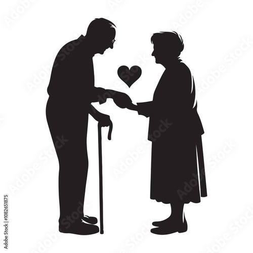 Elderly couple holding hands silhouette vector art black color design and solid white background 