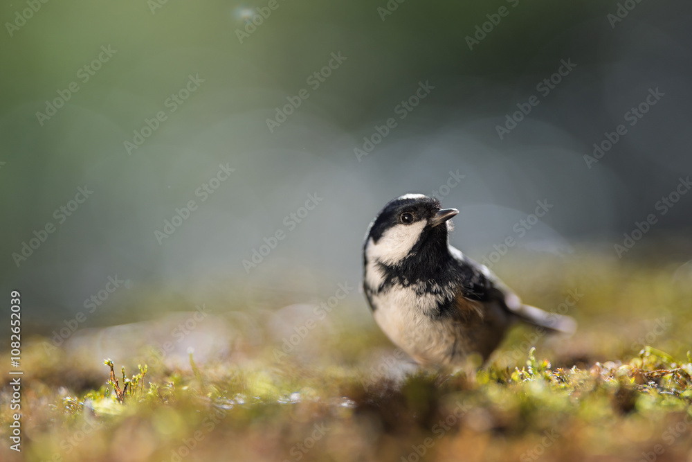 Obraz premium Coal tit resting on the mossy ground. Close-up view. Blur background with shallow depth of field.