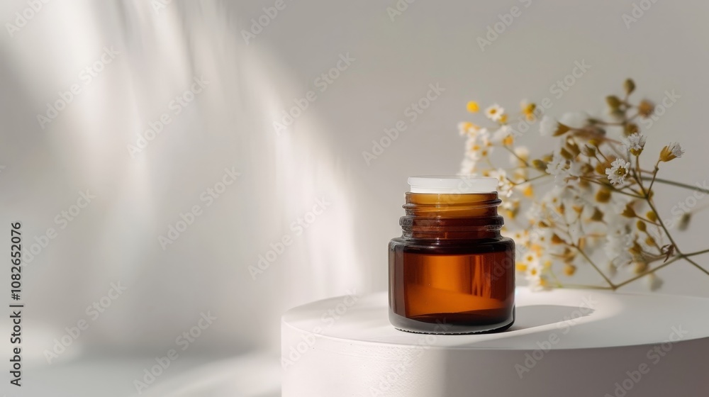 Elegant amber glass jar with a white lid placed on a minimalist surface, surrounded by delicate flowers and soft light creating a serene and calming atmosphere. Elegant amber glass jar with a white lid placed on a minimalist surface, surrounded by delicate flowers and soft light creating a serene and calming atmosphere.