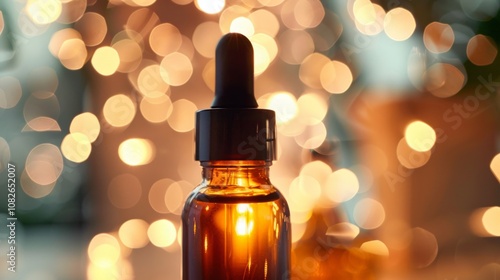 Close-up of a glass dropper bottle filled with amber liquid, illuminated by soft bokeh lights in the background for a dreamy and warm atmosphere