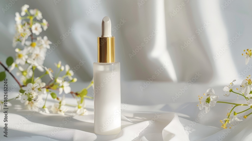 Elegant Cosmetic Bottle Surrounded by Delicate Flowers on a Soft Fabric Background, Perfect for Beauty and Skincare Product Advertisement Elegant Cosmetic Bottle Surrounded by Delicate Flowers on a Soft Fabric Background, Perfect for Beauty and Skincare Product Advertisement