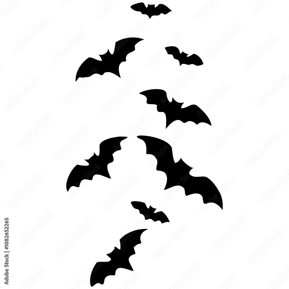 Naklejka premium Flying bat silhouettes. Isolated black bats, swarm fly animals. A silhouette of bat, Halloween bat collection, halloween bat element. 