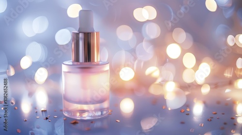 Elegant skincare serum bottle with dropper surrounded by soft bokeh lights, showcasing beauty and luxury in a tranquil setting for promotional use in cosmetics and wellness