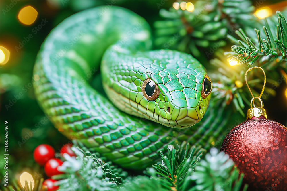 Fototapeta premium a snake on a New Year's background for postcards, banners, backgrounds. 2025. 2037.